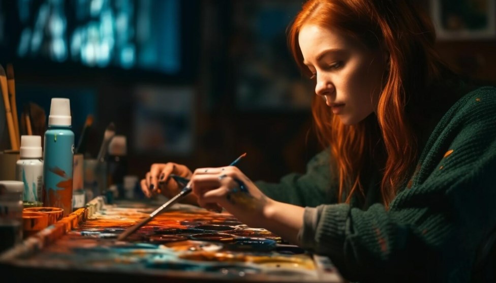 a ginger girl painting indoors