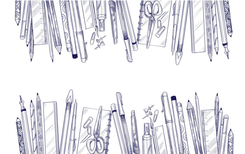 Seamless pattern of sketched stationery items like pencils, scissors, and rulers on white background