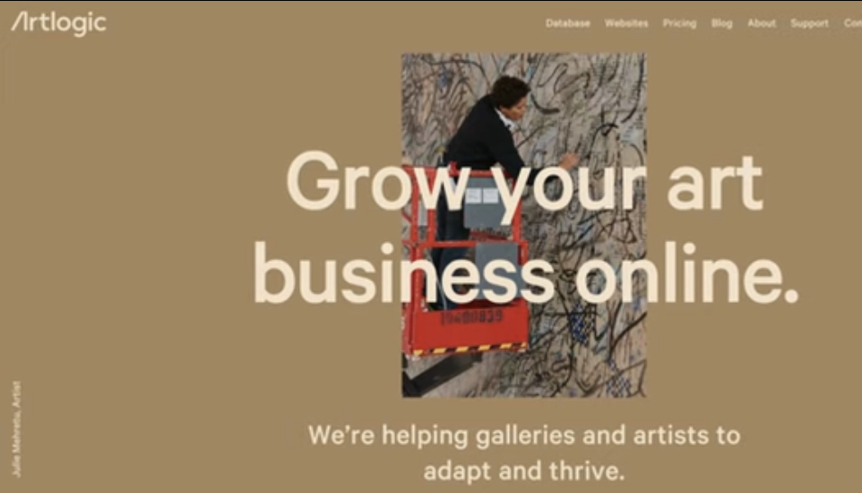 A promotional banner for Artlogic, featuring text "Grow your art business online"