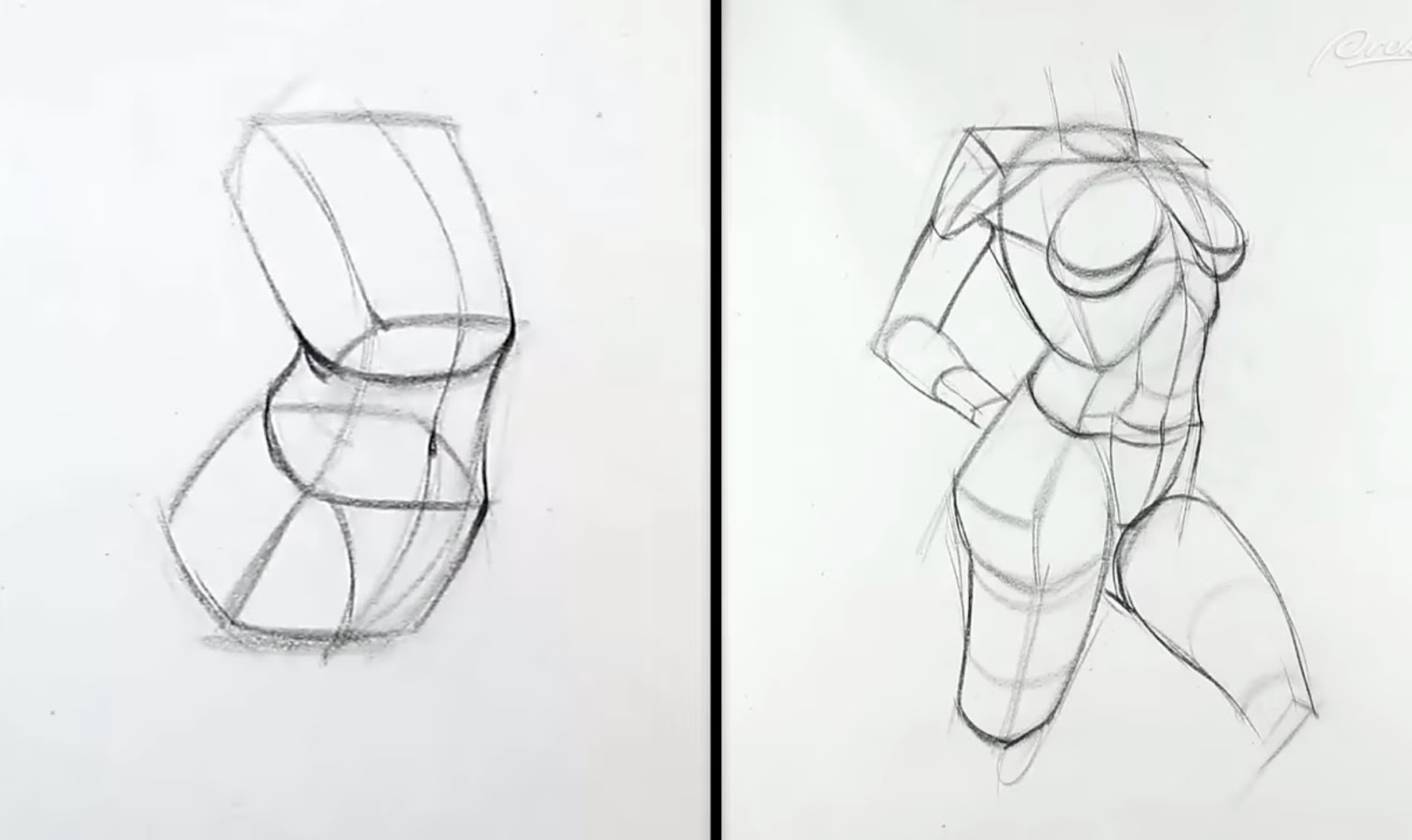 Two stages of figure, basic geometric shapes to a more detailed outline of the human form