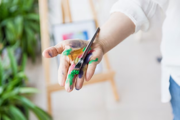 A hand in paint holding a paintbrush