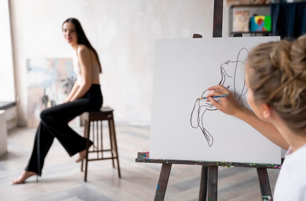 An artist in a studio draws a live model sitting on a stool