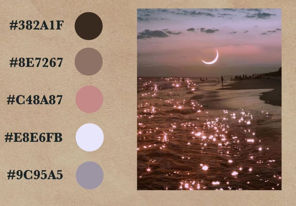 Sandy tones and twilight hues paired with a sparkling beach at dusk