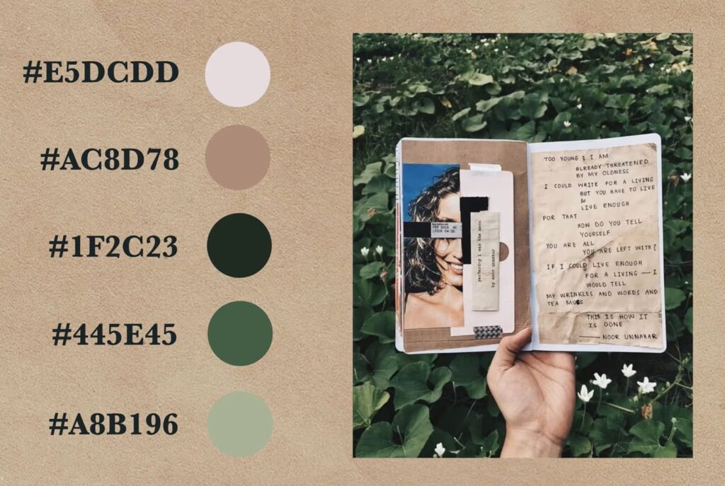 Muted greens and browns set against an image of a journal amidst foliage