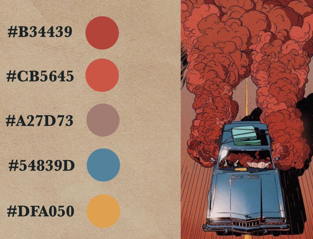 Warm shades of reds, browns, and blues next to a comic-style car explosion