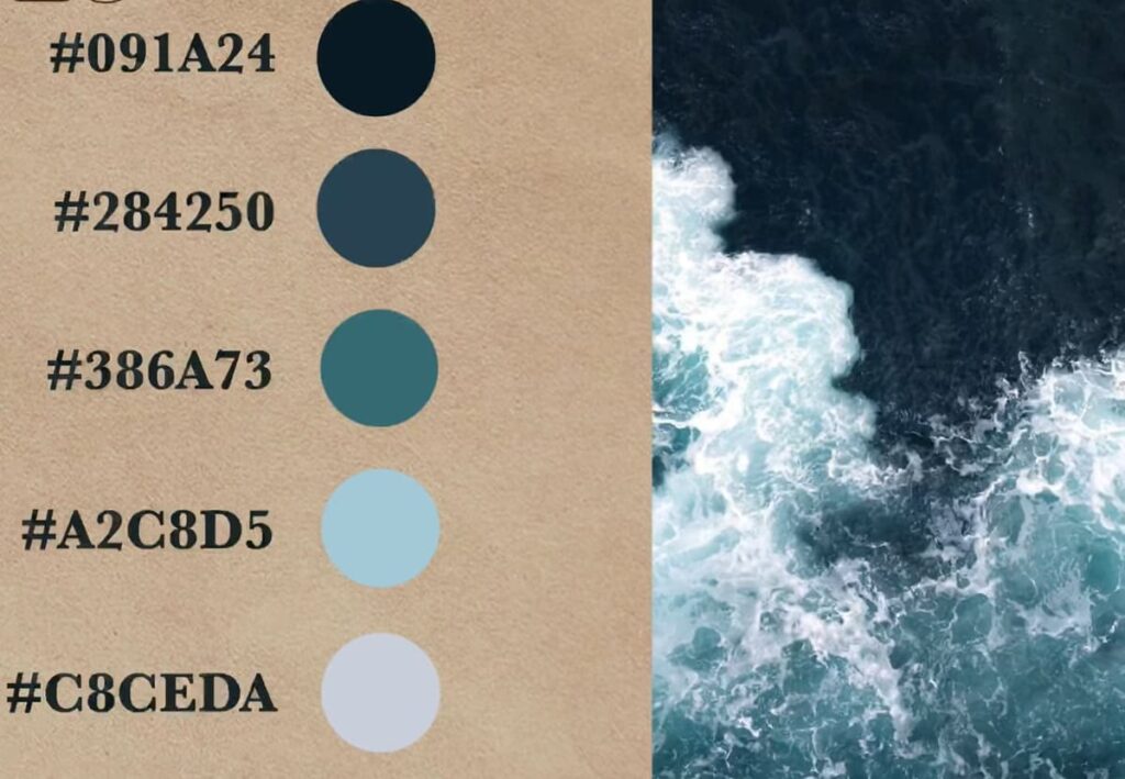 A palette of deep ocean blues and teals beside an image of churning sea waves