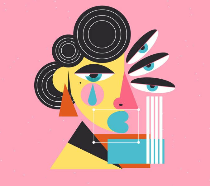 Abstract, colorful vector illustration of a stylized female face with tear